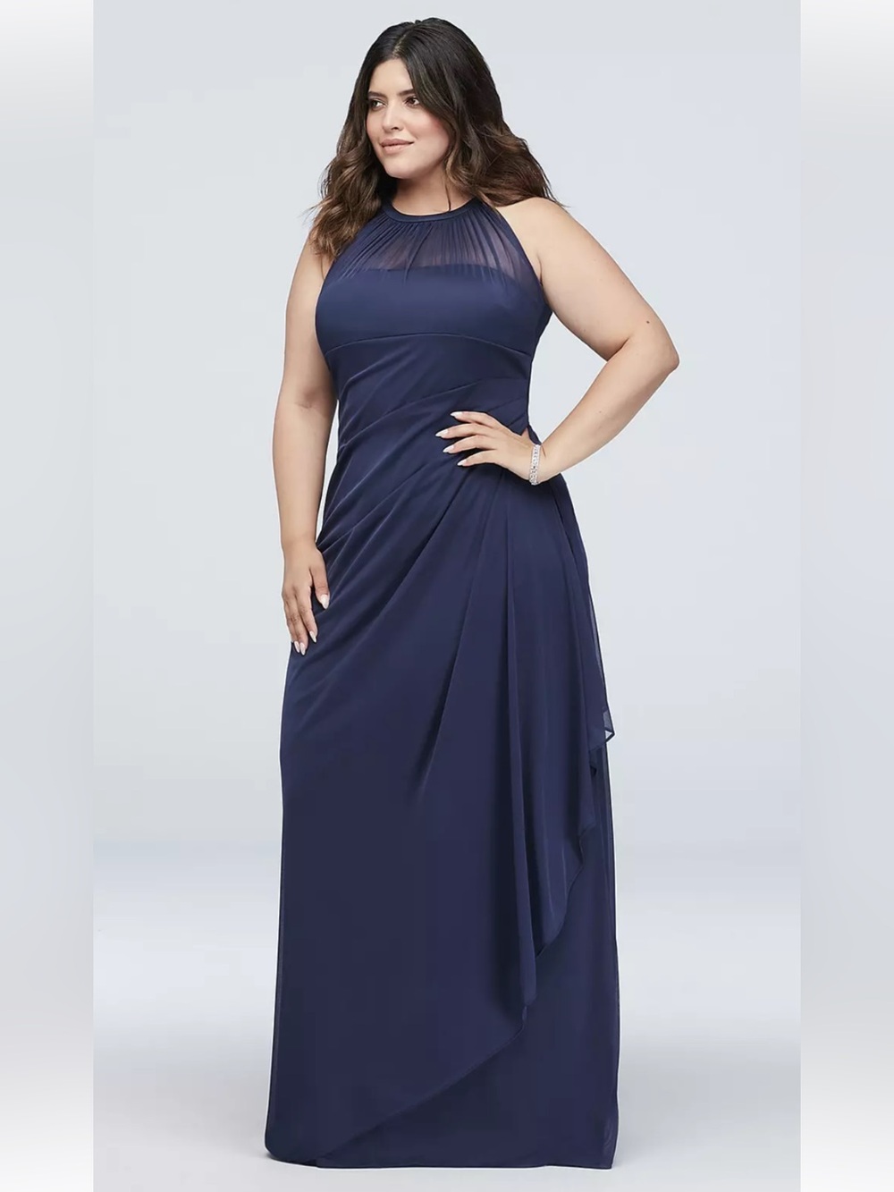 DAVID’S BRIDAL Navy Halter Illusion Maxi Gown